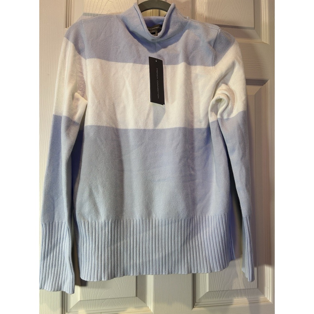 French Connection Colorblock Turtleneck Sweater Medium NWT Blue Ivory Knit
